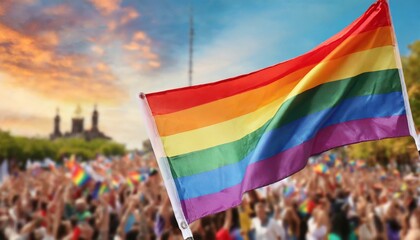 Wall Mural - lgbt flag on the background of the pride parade, queer lgbtq pride month, June 1, the fight against homophobia and bullying, tolerance, summer holiday, freedom and rights