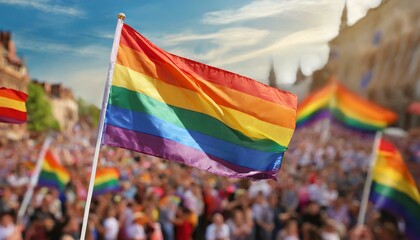 Wall Mural - lgbt flag on the background of the pride parade, queer lgbtq pride month, June 1, the fight against homophobia and bullying, tolerance, summer holiday, freedom and rights