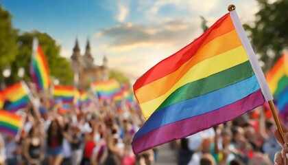 Wall Mural - lgbt flag on the background of the pride parade, queer lgbtq pride month, June 1, the fight against homophobia and bullying, tolerance, summer holiday, freedom and rights