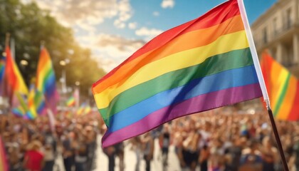 Wall Mural - lgbt flag on the background of the pride parade, queer lgbtq pride month, June 1, the fight against homophobia and bullying, tolerance, summer holiday, freedom and rights