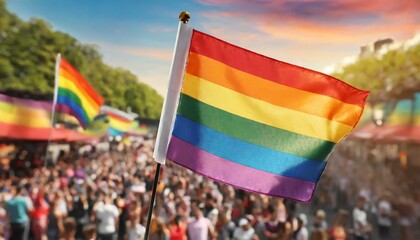 Wall Mural - lgbt flag on the background of the pride parade, queer lgbtq pride month, June 1, the fight against homophobia and bullying, tolerance, summer holiday, freedom and rights