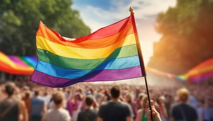 Wall Mural - lgbt flag on the background of the pride parade, queer lgbtq pride month, June 1, the fight against homophobia and bullying, tolerance, summer holiday, freedom and rights