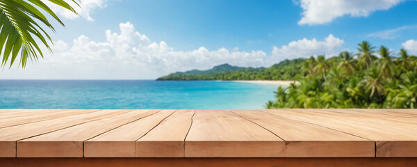 Wooden surface set in front of a vast ocean landscape. 