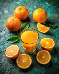 Wall Mural - Fresh Oranges and Orange Juice on Green Leaves