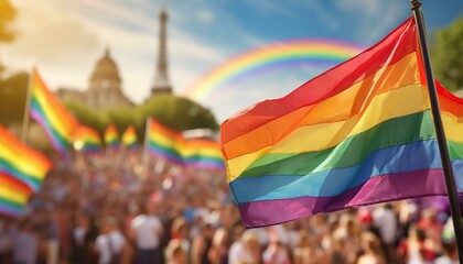 lgbt flag on the background of the pride parade, queer lgbtq pride month, June 1, the fight against homophobia and bullying, tolerance, summer holiday, freedom and rights