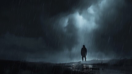 A man stands alone in the rain, looking up at the sky. Scene is somber and lonely