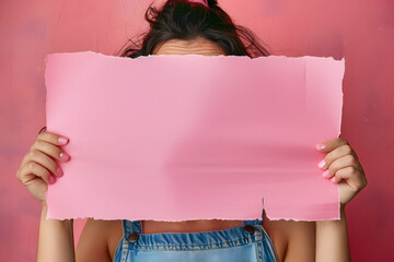 Canvas Print - A woman, eyes widened in surprise, holds a pink paper aloft