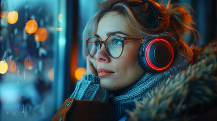 Wall Mural - Lofi Lo-fi woman in her 50s with glasses and headphones in her office in front of a desk, half profile, kind of nerdy, coding, dark ambience, dark color palette, cozy, book, business