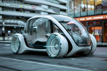 Poster - Futuristic autonomous car with a sleek white design, transparent windows, and spacious interior, showcasing modern transportation technology