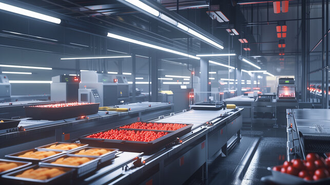 A factory with robots working on a conveyor belt. The robots are white and have red lights on them. The conveyor belt is filled with small objects