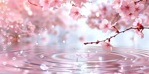 Wall Mural - Pink Sakura Flowers and Water Ripples