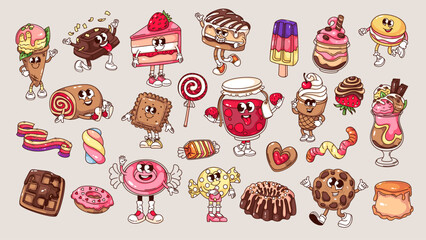 Sticker - Groovy sweet cartoon characters and confectionery desserts set. Funny retro birthday chocolate cake and ice cream, cookie and candy mascot, cartoon sweets stickers of 70s 80s style vector illustration