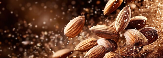 Wall Mural - A photo of almond seeds sprinkled on a brown background