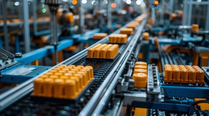 Sticker - An automated production line with robotic machinery processes orange goods with precision, depicting industrial automation