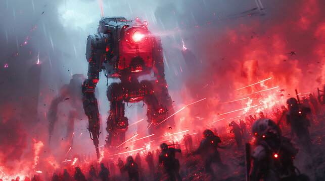 illustration of cybernetic warrior battling horde of robotic adversaries futuristic arena advanced weapons cybernetic enhancements and epic combat sequences that blur the line between man and machine