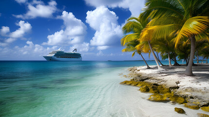 During a summer vacation, a cruise ship sails near a sandy beach with palm trees