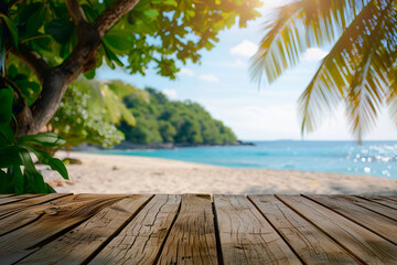 Wall Mural - A wooden table top for product presentation on the background of a sea beach