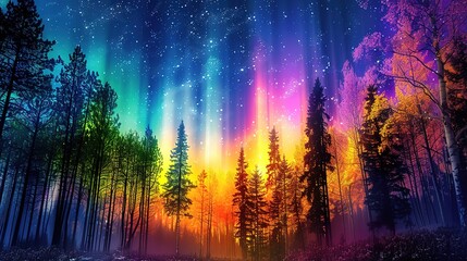 View of the forest at night with a beautiful sky with colorful aurora nuances