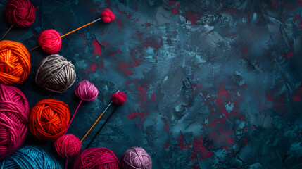 Wall Mural - handicraft background with knitting needles, free space for text ,