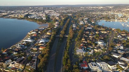 Sticker - Aerial drone view of Taren Point in Sutherland Shire, Sydney NSW, Australia looking toward Caringbah on a sunny morning in May 2024 