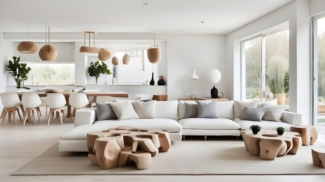 white living room and contemporary dining room furnished with wooden pieces.