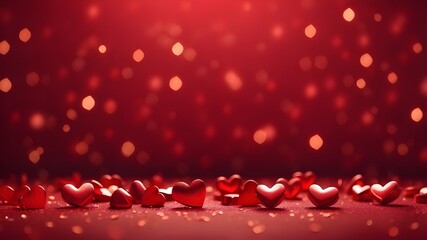 Wall Mural - Confetti of red hearts with bokeh lights on a solitary red background
