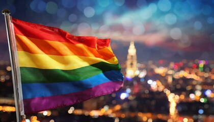 Wall Mural - LGBT flag against the backdrop of a large night glowing city metropolis, month of queer lgbtq pride parade, June 1, fight for equal rights, homophobia tolerance