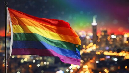 Wall Mural - LGBT flag against the backdrop of a large night glowing city metropolis, month of queer lgbtq pride parade, June 1, fight for equal rights, homophobia tolerance