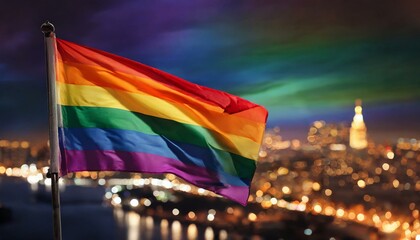 Wall Mural - LGBT flag against the backdrop of a large night glowing city metropolis, month of queer lgbtq pride parade, June 1, fight for equal rights, homophobia tolerance