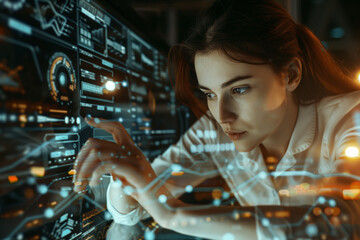 Wall Mural - a female analyst working with a data management interface system on a computer