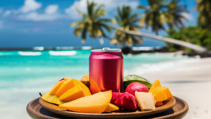 Poster - A can of a plate with fruit on it sitting next to the ocean, AI