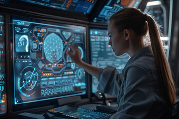 Wall Mural - a female analyst working with a data management interface system on a computer