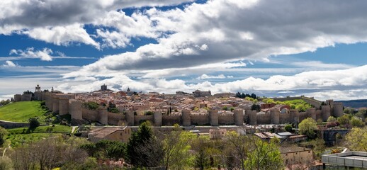 Poster - panorama view of the medieval walled city of Avila on a beautiful spring day