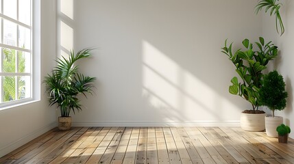 Wall Mural - A white wall with a wooden floor, a window on the left side of the room and some plants on the right side. The room is empty and has no furniture inside.