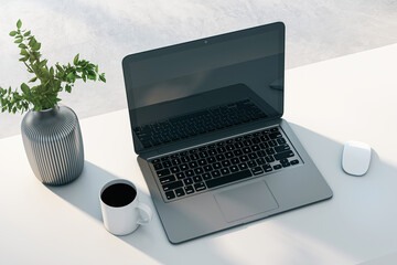Wall Mural - laptop with blank screen on a desk, next to a vase with plant, mug, and mouse on a white background,