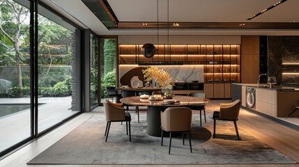 Modern dining room with a round table,
