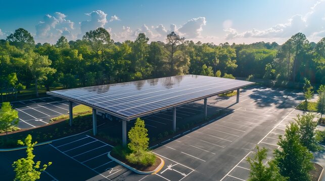 An aerial view of the solar carport with multiple panels, showcasing its size and scale on an empty parking lot surrounded by green trees under bright sunlight.