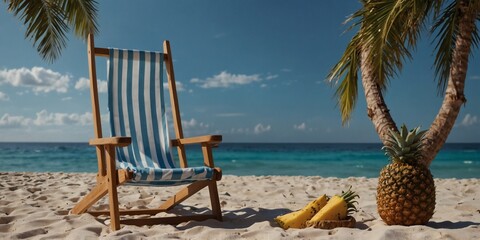 Wall Mural - Savoring Summer, Beach Chair, Floating Ring, and Pineapple Adorn a Relaxing Blue Backdrop