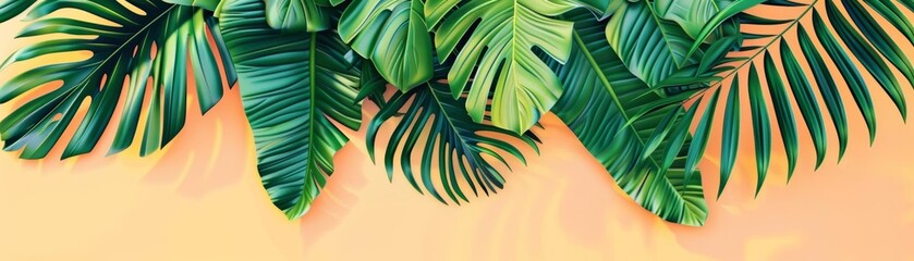 Palm leaves with large tropical fronds, flat design, top view, beach theme, cartoon drawing, vivid