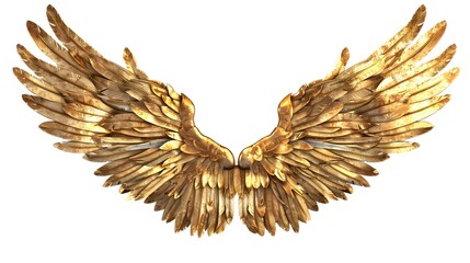 Golden wings isolated on white background, simple style.