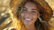 © familymedia - Cheerful young woman with sun-kissed hair and a straw hat in a sunlit wheat field