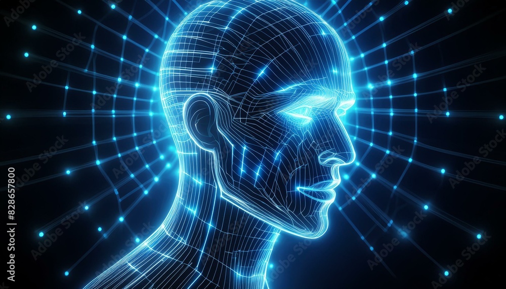 Led Projection Human A detailed holographic projection of a human head, formed by luminous ...