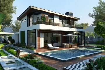 Wall Mural - A modern house with a pool and a garden