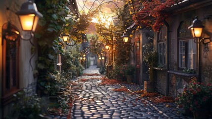 Wall Mural - Quaint village street with cobblestone road and vintage street lamps