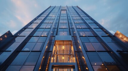 Poster - skyscraper from outside with outside glass elevator descending