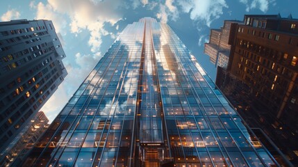 Canvas Print - skyscraper from outside with outside glass elevator descending