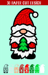 Wall Mural - 3D Christmas Gnome with tree and Santa Hat. Decorative holiday toy. For cutting from wood, paper, vinyl or sublimation. 3D layered paper cut designs. Vector illustration.