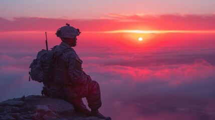 Wall Mural - A contemplative soldier kneels on a peak at sunset, overlooking a sea of clouds in a serene, dramatic setting