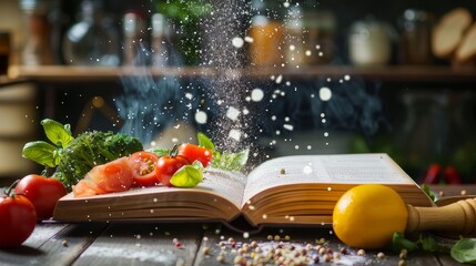 Wall Mural - Open recipe book with food related icons food above