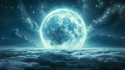 a large blue moon is floating in the sky above a body of water